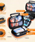 Open view of 95-piece vet-approved pet first aid kit for dogs and cats with outdoor and travel essentials in Guardian Orange bag