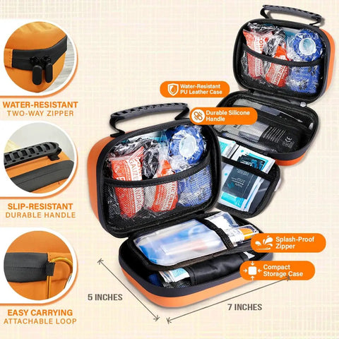 Open view of 95-piece vet-approved pet first aid kit for dogs and cats with outdoor and travel essentials in Guardian Orange bag