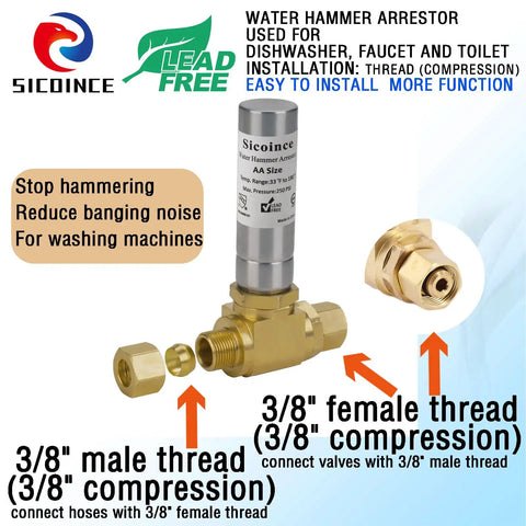 Water Hammer Arrestor For Dishwashers And Toilets Three Eighth Inch Male To Three Eighth Inch Female Compression Stop Pipe Bang And Noise No More Vibration Easy Install Lead Free Brass Tee And Stainless Steel 304 Piston Inside
