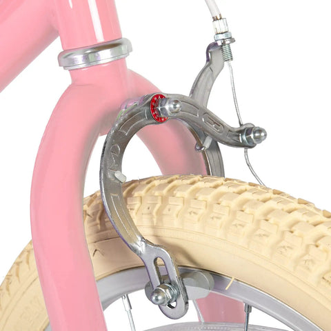 Front brake detail of 14 Inch Pink Princess Kids Bike For Girls Aged 3 To 5 With Training Wheels Basket Durable Steel Frame Adjustable Soft Seat