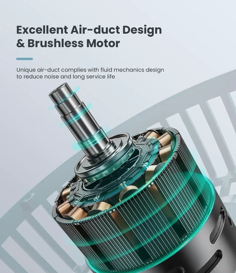 Brushless motor design of 8 Inch Small Wall Mounted RV Fan With Remote Control, highlighting air-duct feature for quiet operation.