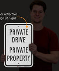 Man holding Heavy Duty Reflective Aluminum Sign For Private Drives And Home Grounds Tough As Nails Weatherproof Outdoor Marker.