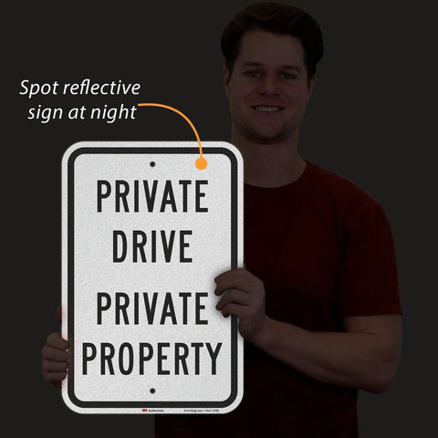Man holding Heavy Duty Reflective Aluminum Sign For Private Drives And Home Grounds Tough As Nails Weatherproof Outdoor Marker.