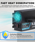 Beefy 14.6V LiFePO4 Battery Charger with cooling fan, overheating protection label, fast heat dissipation, side view.