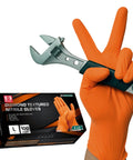 Hella Tough 8 Mil Nitrile Mechanic Gloves With Raised Diamond Texture Heavy Duty Disposable Work Gear Puncture Resistant Grease Slayer Case Of One Hundred Orange Medium displayed with wrench and box.
