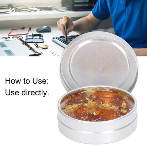 High Purity Rosin Soldering Flux Paste for Electronics No Clean 30g Low Smoke No Mess with open tin next to technician