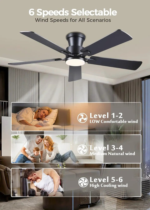 Black Flush Mount Ceiling Fan With Lights, Low Profile Design, DC Reversible Motor, 6 Speeds, 3CCT Dimmable LED, Quiet Noiseless Operation, Remote And App Control, Indoor Or Outdoor Use