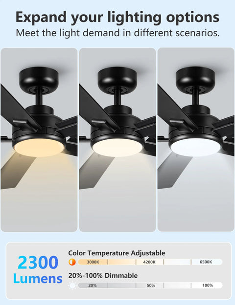 52 Inch Black Outdoor Ceiling Fan With Light And Remote, Reversible DC Motor, 6 Speed Ultra Quiet, 3CCT LED Dimmable Light