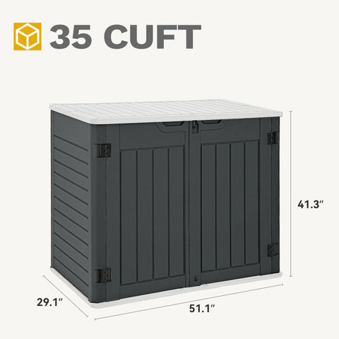 Weatherproof Outdoor Storage Shed For Tools 35 Cu Ft Capacity Lockable And Waterproof Horizontal Design shown with dimensions
