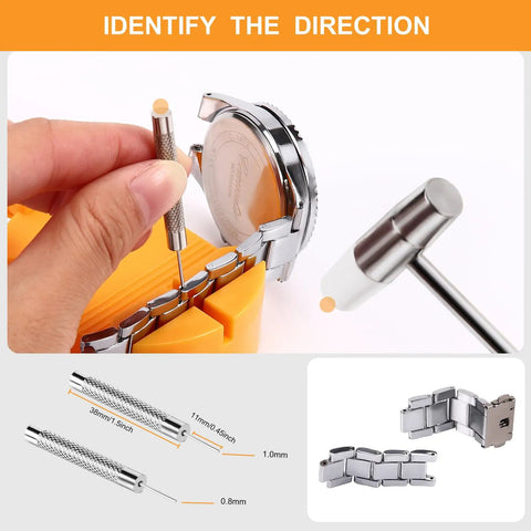 32 Piece Watch Link Removal Kit With Pro Band Replacement Tool For DIYers, 10 Spare Spring Bars And 10 Cotter Pins, Double Head Hammer, Plus 6 Extra Pins For Quick, Easy Watch Band Adjustments shown in use