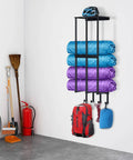 Matte Black No Fuss Wall Mount Camping Chair Storage Rack With Floating Shelf And Four Hooks For Garage Organization