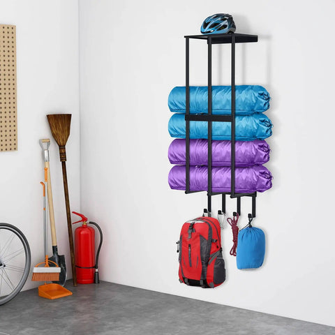 Matte Black No Fuss Wall Mount Camping Chair Storage Rack With Floating Shelf And Four Hooks For Garage Organization