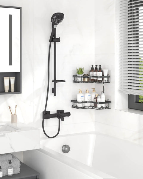 Corner Shower Caddy 2 Pack Adhesive Organizers For Bathroom No Drill Rustproof Stainless Steel Shelves With 8 Hooks Space Saving Black Medium For Easy Access installed in shower.