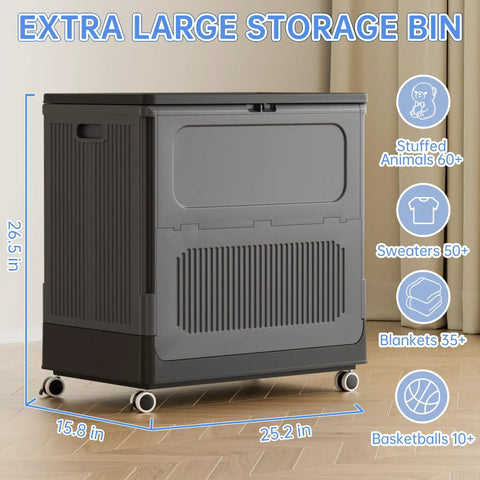 Hella Spacious Rolling Storage Totes With Snappy Lid Covers And Easy Glide Wheels Big Boy 130 Quart Plastic Organizer Bins, Extra Large Gray Bin with Dimensions 26.5 in H x 25.2 in W.