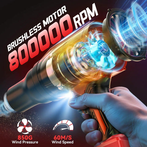 Close-up of handheld Beast Mode 800000 RPM Cordless Leaf Blower with brushless motor showing 850G wind pressure and 60M/S speed
