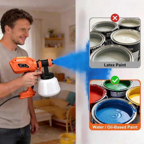 Professional Electric Paint Sprayer With 800W Motor And 1200ml Cup Includes Four Adjustable Nozzles For Three Flexible Patterns To Help You Knock Out Any Home Project Fast Without The Sweat Or Hassle spraying colorful paint indoors.