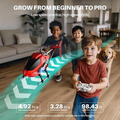 Children playing with a Durable Alloy RC Helicopter For Kids And Beginner Friendly With Altitude Hold Two Speed Modes Easy Indoor Flight.