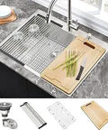 25 Inch Drop In Kitchen Sink Deep 16 Gauge Stainless Steel Single Bowl With Cutting Board, Drain Assembly, And Bottom Rinse Grid