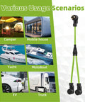 Heavy Duty 30 Amp Nema Y Splitter Adapter With Three Foot Cable, shown in various usage scenarios for EV and RV hookups.