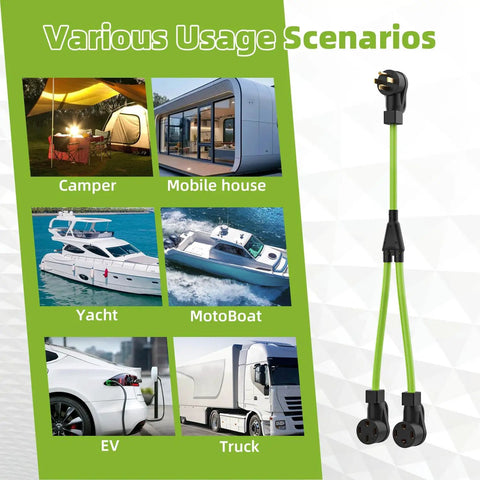 Heavy Duty 30 Amp Nema Y Splitter Adapter With Three Foot Cable, shown in various usage scenarios for EV and RV hookups.