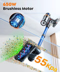 Front view of a cordless stick vacuum cleaner with blue wand and motorized brush head; 650W brushless motor.