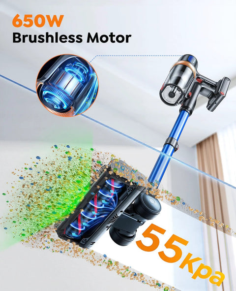 Front view of a cordless stick vacuum cleaner with blue wand and motorized brush head; 650W brushless motor.