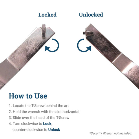 100 Pack T-Screw Security Hanging Kit With Wrench For Art And Frames, Anti Theft Hangers showing locked and unlocked position.
