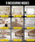 Image showing 9 measuring modes of 2-in-1 Laser Tape Measure, 197 FT Laser Distance Meter & 16 FT Tape in various settings.