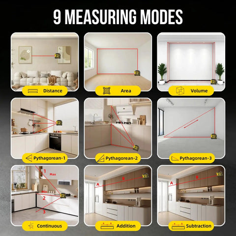 Image showing 9 measuring modes of 2-in-1 Laser Tape Measure, 197 FT Laser Distance Meter & 16 FT Tape in various settings.