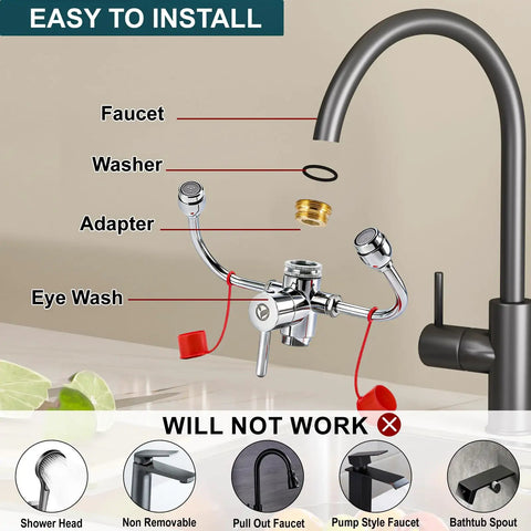 Installation of Eyewash Faucet Attachment Kit For Sink Mount Easy Install Emergency Eye Wash Station With Universal Adapters OSHA Approved