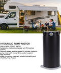 Hydraulic pump motor, black cylindrical unit with base plate, for RV leveling systems.