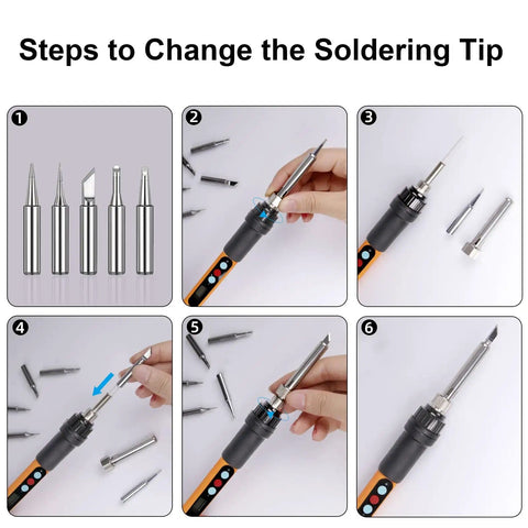 Steps to change tips on Adjustable 90W Soldering Iron Kit With LCD Temperature Display DIY Friendly 13 In 1 Soldering Gun Set.