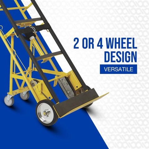 Heavy Duty Hand Truck 1200 Pound Capacity Appliance Dolly with convertible two or four wheel design, yellow color, side view.