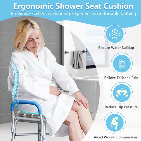 Elderly woman seated on Shower Seat Cushion For Inside Shower And Bath Chair Pad with ergonomic design for comfort.