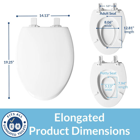 Zero Fuss Potty Training Toilet Seat For The Whole Fam With Built In Magnetic Toddler Cup And Slow Close Lid Steady Hold Elongated Style Crisp White Bathroom Essential dimensions display.