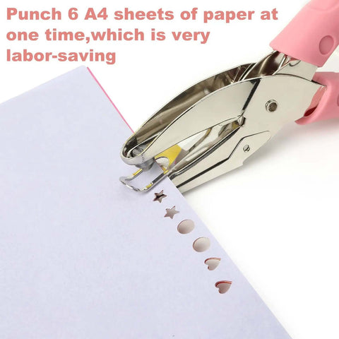 1/4 Inch Circle Hole Punch Handheld Paper Punch With Grip Handle punching paper with multiple designs, ergonomic grip shown.
