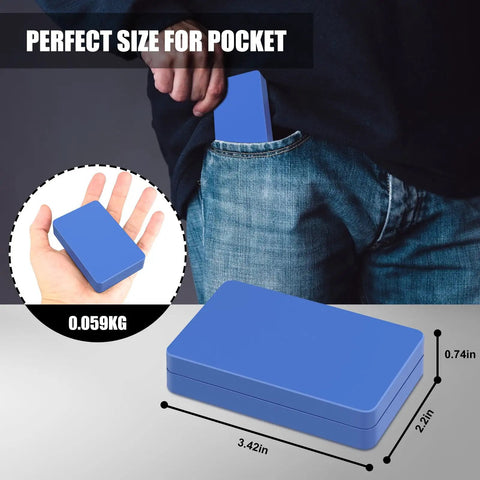 Pocket Gram Scale 1000g To Point One Gram High Precision Digital Scale fitting in pocket, blue with size dimensions and hand holding scale.