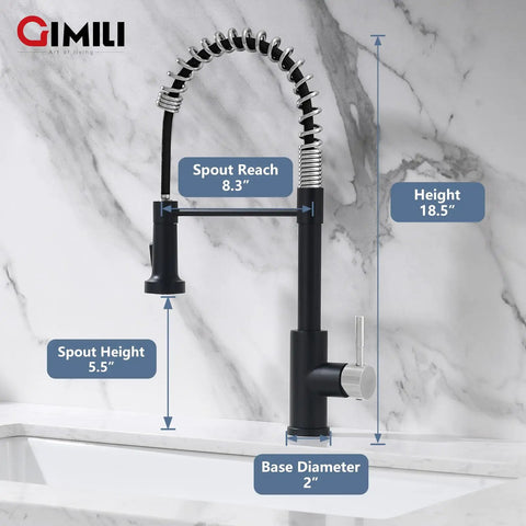 Pull Down Sprayer Kitchen Faucet With Single Hole Mount Stainless Steel Sink Faucet For Farmhouse RV Laundry Room Outdoor And Campers Black Nickel Finish, dimensions highlighted