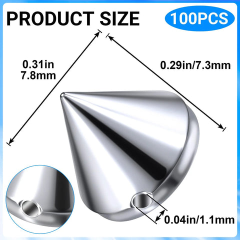 VARMDUKKE 100-pack 8mm bullet spike cone studs, silver metal, flat-back for clothing and DIY crafts