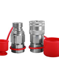 ISO 16028 hydraulic quick connect coupling with dust caps. Rust-resistant carbon steel for industrial use, compatible with major brands.