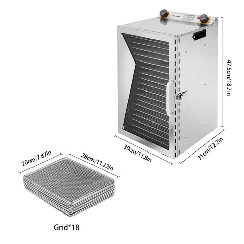 18 Tray Commercial Food Dehydrator With Stainless Steel Build Beef Jerky Dryer 600W Electric Dehydrator shown with dimensions