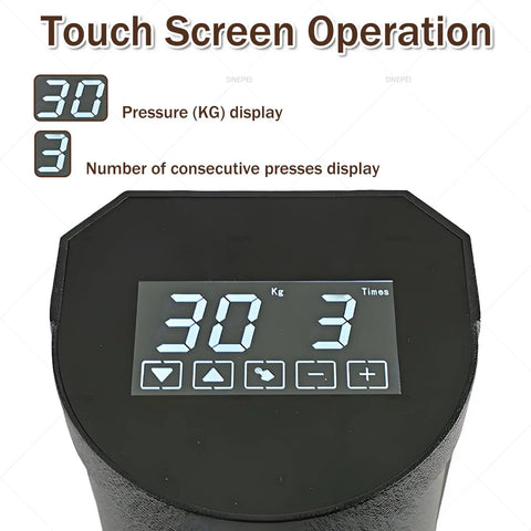 Touchscreen controls displaying pressure and press count on Electric Coffee Tamper 58mm Automatic Tamping Station.