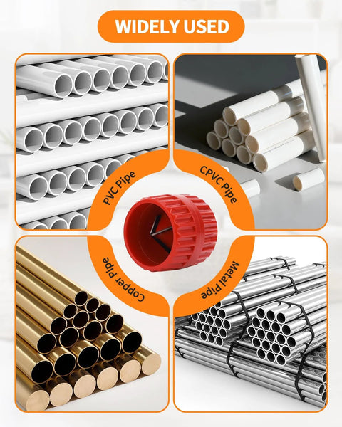 Front view of depth gauge pipe deburring kit with red center, for PVC, CPVC, copper and aluminum pipes