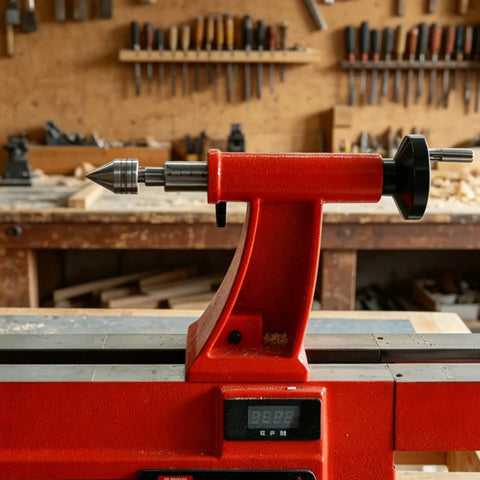 Mt2 To Mt1 Morse Taper Reducing Adapter Sleeve on a red tailstock tool for woodworking lathes, heavy duty steel construction.