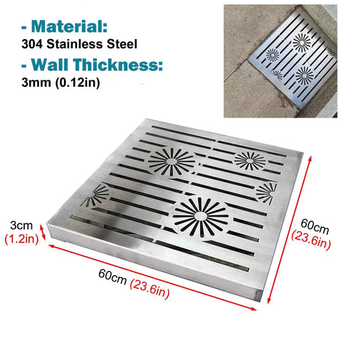 Backyard Heavy Hitter Stainless Steel Yard Drain Cover Square Sewer Grate For Patio Catch Basin 60cm size with patterned design.