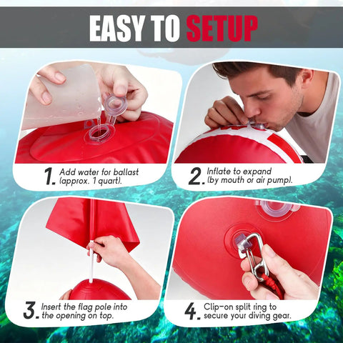 Steps to set up Self Righting Inflatable Surface Marker Buoy With Dive Down Flag And 8ft Rope For Freediving And Scuba Training