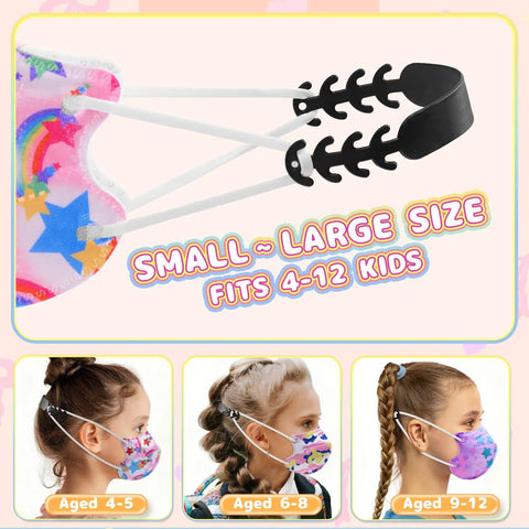 Kids KN95 Face Mask Disposable 50 Pack Small Size For Children Breathable Unicorn Design For Girls 95 Percent Filtration GB2626 2019 Certified Mask Great For School Travel And Everyday Use showcased with size range for ages 4-12.
