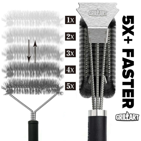 Grill Boss Heavy Duty 18 Inch Stainless Steel Grill Brush and Scraper with 3 in 1 bristles for 360 degree grime removal, side view