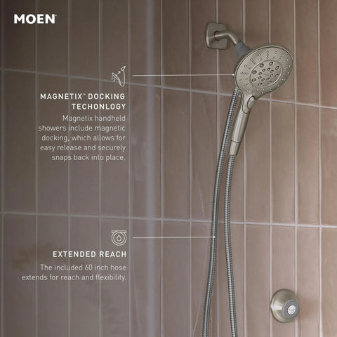 Spot Resist Brushed Nickel Six Function Five And A Half Inch Handheld Showerhead With Magnetic Docking System displayed on a tiled wall.