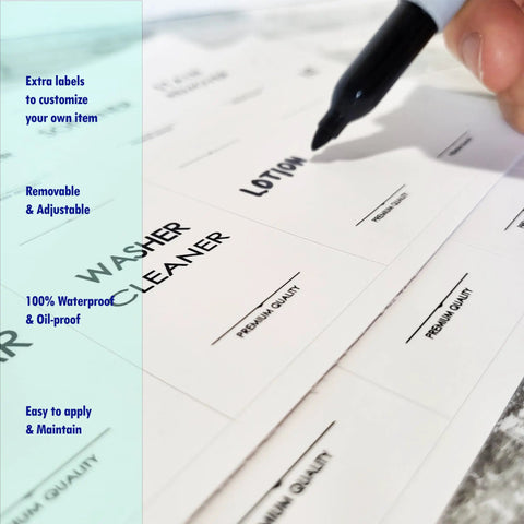 Hand writing on waterproof laundry room labels for containers and cabinets, modern cleaning labels for no fuss organization.